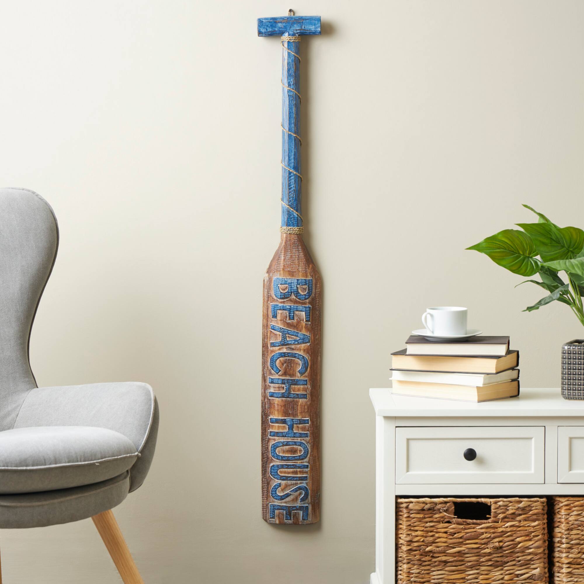 Brown Wood Paddle Beach House Sign Wall Decor with Blue Accents and Rope